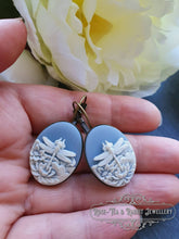 Load image into Gallery viewer, Dragonfly Cameo Earrings - Birds Egg Blue/White - 3.7x1.9cm (1.45x0.74 Inches) - Hinged Closure - Antiqued Bronze Base - Lead/Nickle Free