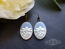 Load image into Gallery viewer, Dragonfly Cameo Earrings - Birds Egg Blue/White - 3.7x1.9cm (1.45x0.74 Inches) - Hinged Closure - Antiqued Bronze Base - Lead/Nickle Free