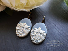 Load image into Gallery viewer, Dragonfly Cameo Earrings - Birds Egg Blue/White - 3.7x1.9cm (1.45x0.74 Inches) - Hinged Closure - Antiqued Bronze Base - Lead/Nickle Free