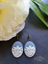 Load image into Gallery viewer, Dragonfly Cameo Earrings - Birds Egg Blue/White - 3.7x1.9cm (1.45x0.74 Inches) - Hinged Closure - Antiqued Bronze Base - Lead/Nickle Free