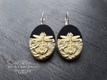 Load image into Gallery viewer, Dragonfly/Waterlily Cameo Earrings - 3.7x1.9cm(1.45 x 0.74 Inches) - Lever Back - Silver Plated Base - Lead/Nickle Free - Pretty & Romantic
