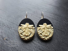 Load image into Gallery viewer, Dragonfly/Waterlily Cameo Earrings - 3.7x1.9cm(1.45 x 0.74 Inches) - Lever Back - Silver Plated Base - Lead/Nickle Free - Pretty & Romantic