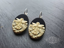 Load image into Gallery viewer, Dragonfly/Waterlily Cameo Earrings - 3.7x1.9cm(1.45 x 0.74 Inches) - Lever Back - Silver Plated Base - Lead/Nickle Free - Pretty & Romantic