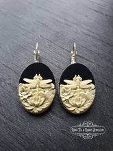 Load image into Gallery viewer, Dragonfly/Waterlily Cameo Earrings - 3.7x1.9cm(1.45 x 0.74 Inches) - Lever Back - Silver Plated Base - Lead/Nickle Free - Pretty & Romantic