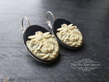 Load image into Gallery viewer, Dragonfly/Waterlily Cameo Earrings - 3.7x1.9cm(1.45 x 0.74 Inches) - Lever Back - Silver Plated Base - Lead/Nickle Free - Pretty & Romantic