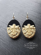 Load image into Gallery viewer, Dragonfly/Waterlily Cameo Earrings - 3.7x1.9cm(1.45 x 0.74 Inches) - Lever Back - Silver Plated Base - Lead/Nickle Free - Pretty & Romantic