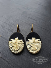 Load image into Gallery viewer, Dragonfly/Waterlily Cameo Earrings - 3.7x1.9cm(1.45x0.74 Inches) - Hinged Closure - Antiqued Bronze Base - Nickle Free - Pretty & Romantic