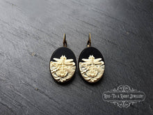 Load image into Gallery viewer, Dragonfly/Waterlily Cameo Earrings - 3.7x1.9cm(1.45x0.74 Inches) - Hinged Closure - Antiqued Bronze Base - Nickle Free - Pretty & Romantic