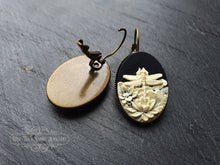 Load image into Gallery viewer, Dragonfly/Waterlily Cameo Earrings - 3.7x1.9cm(1.45x0.74 Inches) - Hinged Closure - Antiqued Bronze Base - Nickle Free - Pretty & Romantic