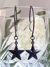 Load image into Gallery viewer, Drop/Dangle Black Star Earrings - Double Polished Blackened Brass - Alt Jewellery - Retro Vintage Style - Five Pointed Star - Nautical Star