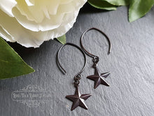 Load image into Gallery viewer, Drop/Dangle Black Star Earrings - Double Polished Blackened Brass - Alt Jewellery - Retro Vintage Style - Five Pointed Star - Nautical Star