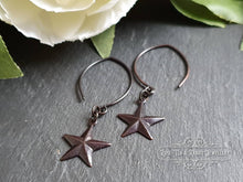 Load image into Gallery viewer, Drop/Dangle Black Star Earrings - Double Polished Blackened Brass - Alt Jewellery - Retro Vintage Style - Five Pointed Star - Nautical Star