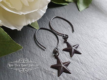 Load image into Gallery viewer, Drop/Dangle Black Star Earrings - Double Polished Blackened Brass - Alt Jewellery - Retro Vintage Style - Five Pointed Star - Nautical Star