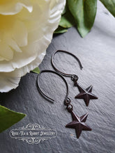 Load image into Gallery viewer, Drop/Dangle Black Star Earrings - Double Polished Blackened Brass - Alt Jewellery - Retro Vintage Style - Five Pointed Star - Nautical Star