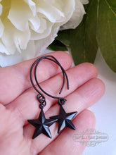 Load image into Gallery viewer, Drop/Dangle Black Star Earrings - Double Polished Blackened Brass - Alt Jewellery - Retro Vintage Style - Five Pointed Star - Nautical Star