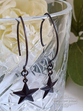 Load image into Gallery viewer, Drop/Dangle Black Star Earrings - Double Polished Blackened Brass - Alt Jewellery - Retro Vintage Style - Five Pointed Star - Nautical Star