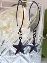 Load image into Gallery viewer, Drop/Dangle Black Star Earrings - Double Polished Blackened Brass - Alt Jewellery - Retro Vintage Style - Five Pointed Star - Nautical Star