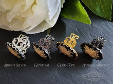 Load image into Gallery viewer, Dragonfly w/Waterlily Cameo Ring, Ivory Tone on Black, Gunmetal/Goldtone/Silvertone/Antiqued Bronze Adjustable Filigree Ring Base Options