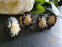 Load image into Gallery viewer, Adjustable Fairy with Flowers Cameo Ring - Filigree Detail - 18x25mm - Silver Plated/Gunmetal/Antiqued Bronze/Goldtone Finish Ring Base