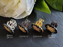 Load image into Gallery viewer, Adjustable Fairy with Flowers Cameo Ring - Filigree Detail - 18x25mm - Silver Plated/Gunmetal/Antiqued Bronze/Goldtone Finish Ring Base