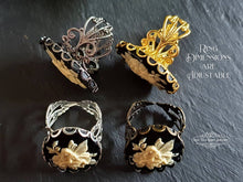 Load image into Gallery viewer, Adjustable Fairy with Flowers Cameo Ring - Filigree Detail - 18x25mm - Silver Plated/Gunmetal/Antiqued Bronze/Goldtone Finish Ring Base
