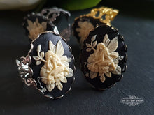 Load image into Gallery viewer, Adjustable Fairy with Flowers Cameo Ring - Filigree Detail - 18x25mm - Silver Plated/Gunmetal/Antiqued Bronze/Goldtone Finish Ring Base