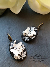 Load image into Gallery viewer, Drop/Dangle Earrings - Black and White Butterfly Cameo - Antiqued Bronze Base - Vintage Inspired - 3.7cm x 1.9cm (1.45 x 0.74 Inches)