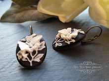 Load image into Gallery viewer, Drop/Dangle Earrings - Black and White Butterfly Cameo - Antiqued Bronze Base - Vintage Inspired - 3.7cm x 1.9cm (1.45 x 0.74 Inches)