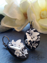 Load image into Gallery viewer, Drop/Dangle Earrings - Black and White Butterfly Cameo - Antiqued Bronze Base - Vintage Inspired - 3.7cm x 1.9cm (1.45 x 0.74 Inches)