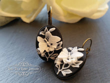 Load image into Gallery viewer, Drop/Dangle Earrings - Black and White Butterfly Cameo - Antiqued Bronze Base - Vintage Inspired - 3.7cm x 1.9cm (1.45 x 0.74 Inches)