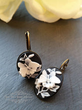 Load image into Gallery viewer, Drop/Dangle Earrings - Black and White Butterfly Cameo - Antiqued Bronze Base - Vintage Inspired - 3.7cm x 1.9cm (1.45 x 0.74 Inches)