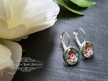 Load image into Gallery viewer, Mint Green Floral Glass Cabochon Drop Earrings - 1.2cm Diameter/2.5cm Drop Length - Silver Plated Base - Lead/Nickle Free - Pretty & Dainty