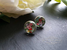 Load image into Gallery viewer, Mint Green Floral Glass Cabochon Earring Studs - 12mm Diameter - Silver Plated Base - Lead/Nickle Free - Pretty and Dainty
