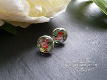 Load image into Gallery viewer, Mint Green Floral Glass Cabochon Earring Studs - 12mm Diameter - Silver Plated Base - Lead/Nickle Free - Pretty and Dainty