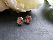 Load image into Gallery viewer, Mint Green Floral Glass Cabochon Earring Studs - 12mm Diameter - Silver Plated Base - Lead/Nickle Free - Pretty and Dainty