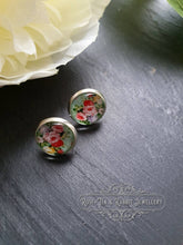 Load image into Gallery viewer, Mint Green Floral Glass Cabochon Earring Studs - 12mm Diameter - Silver Plated Base - Lead/Nickle Free - Pretty and Dainty