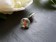 Load image into Gallery viewer, Mint Green Floral Glass Cabochon Earring Studs - 12mm Diameter - Silver Plated Base - Lead/Nickle Free - Pretty and Dainty
