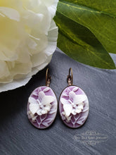Load image into Gallery viewer, Purple and White Butterfly Cameo - Drop/Dangle Earrings - Antiqued Bronze Base - Vintage Inspired - 3.7cm x 1.9cm (1.45 x 0.74 Inches)