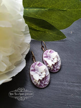 Load image into Gallery viewer, Purple and White Butterfly Cameo - Drop/Dangle Earrings - Antiqued Bronze Base - Vintage Inspired - 3.7cm x 1.9cm (1.45 x 0.74 Inches)