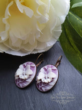 Load image into Gallery viewer, Purple and White Butterfly Cameo - Drop/Dangle Earrings - Antiqued Bronze Base - Vintage Inspired - 3.7cm x 1.9cm (1.45 x 0.74 Inches)