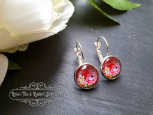 Load image into Gallery viewer, Scarlet Red Floral Glass Cabochon Drop Earrings - 1.2cm Diameter - Silver Plated Base - Lead/Nickle Free - Pretty & Dainty - Leverback Clasp