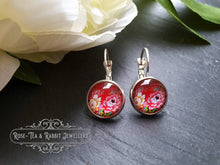 Load image into Gallery viewer, Scarlet Red Floral Glass Cabochon Drop Earrings - 1.2cm Diameter - Silver Plated Base - Lead/Nickle Free - Pretty & Dainty - Leverback Clasp
