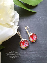 Load image into Gallery viewer, Scarlet Red Floral Glass Cabochon Drop Earrings - 1.2cm Diameter - Silver Plated Base - Lead/Nickle Free - Pretty & Dainty - Leverback Clasp