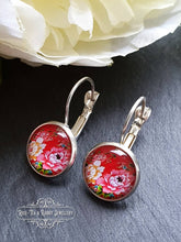 Load image into Gallery viewer, Scarlet Red Floral Glass Cabochon Drop Earrings - 1.2cm Diameter - Silver Plated Base - Lead/Nickle Free - Pretty & Dainty - Leverback Clasp