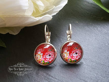 Load image into Gallery viewer, Scarlet Red Floral Glass Cabochon Drop Earrings - 1.2cm Diameter - Silver Plated Base - Lead/Nickle Free - Pretty & Dainty - Leverback Clasp