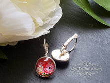 Load image into Gallery viewer, Scarlet Red Floral Glass Cabochon Drop Earrings - 1.2cm Diameter - Silver Plated Base - Lead/Nickle Free - Pretty & Dainty - Leverback Clasp