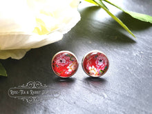 Load image into Gallery viewer, Scarlet Red Floral Glass Cabochon Stud Earrings - 12mm Diameter - Silver Plated - Lead/Nickle Free - Pretty & Dainty - Butterfly Closure