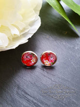 Load image into Gallery viewer, Scarlet Red Floral Glass Cabochon Stud Earrings - 12mm Diameter - Silver Plated - Lead/Nickle Free - Pretty & Dainty - Butterfly Closure