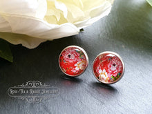 Load image into Gallery viewer, Scarlet Red Floral Glass Cabochon Stud Earrings - 12mm Diameter - Silver Plated - Lead/Nickle Free - Pretty & Dainty - Butterfly Closure