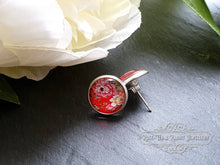 Load image into Gallery viewer, Scarlet Red Floral Glass Cabochon Stud Earrings - 12mm Diameter - Silver Plated - Lead/Nickle Free - Pretty & Dainty - Butterfly Closure